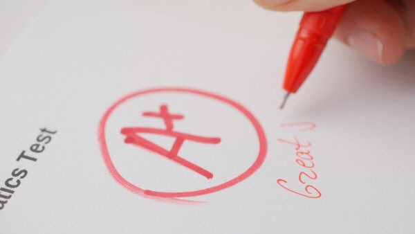 Professional school or college teacher grades a homework exam papers of students. Woman grades test with A plus and writes great job as comment. KinoMasterskaya/Shutterstock